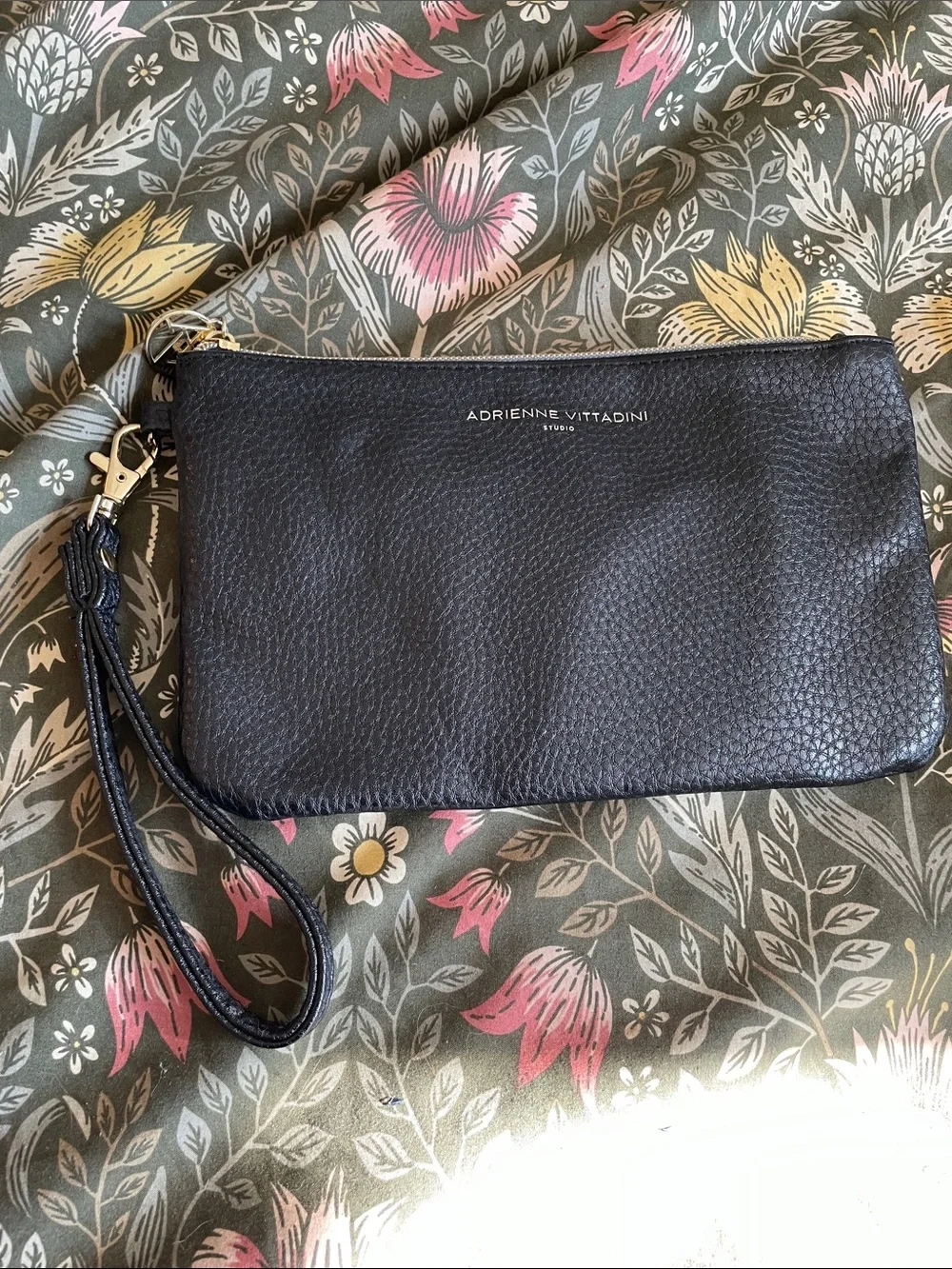Adrienne Vittadini Black Pebbled Leather Wristlet Clutch with Gold Hardware